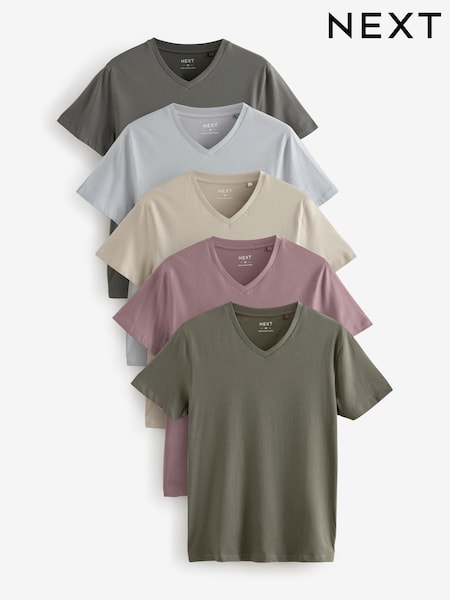 Blue/Green/Pink/Grey Regular Fit 100% Cotton V-Neck Layering T-Shirts 5 Pack (N79909) | AED81
