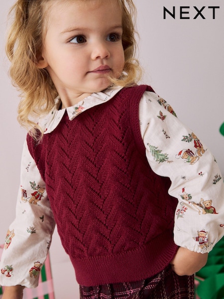 Burgundy Christmas Print Woven Sleeve 100% Cotton Jumper (3mths-7yrs) (N79929) | €7 - €9