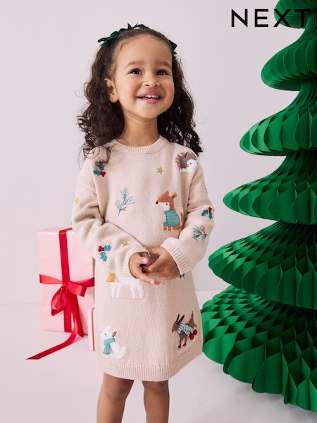 Ecru Marl Christmas Character Jumper Dress (3mths-7yrs) (N79931) | €18 - €23