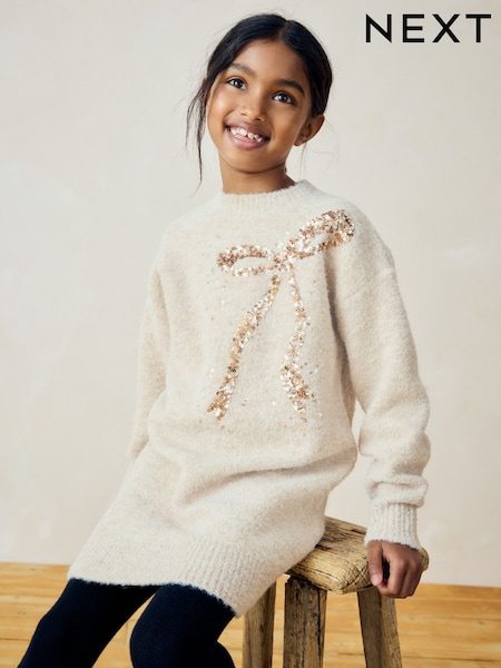 Ecru Bow Sequin Jumper Dress (3-16yrs) (N79976) | AED88 - AED106
