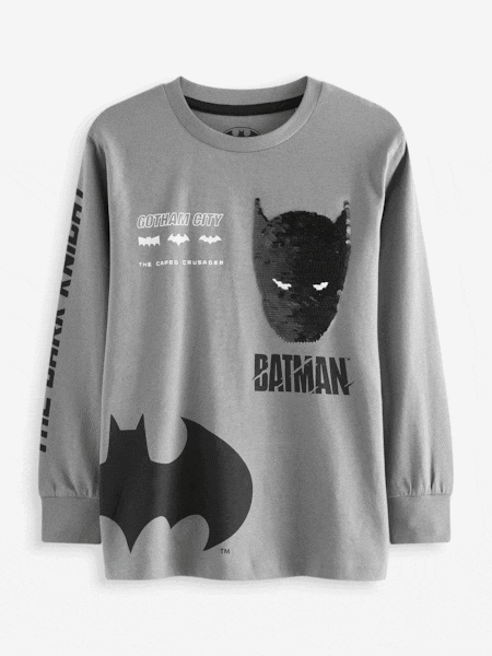 Charcoal Grey Batman Licensed Flippy Sequin Long Sleeve T-Shirt (3-14yrs) (N89675) | 55 QAR - 65 QAR