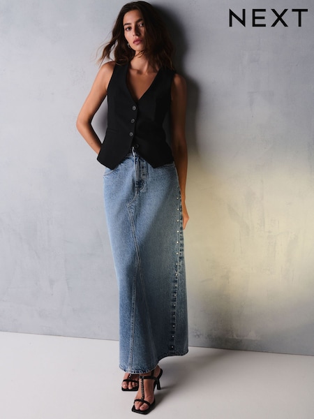Dark Blue Studded Maxi Denim 100% Cotton Skirt (N90146) | €33