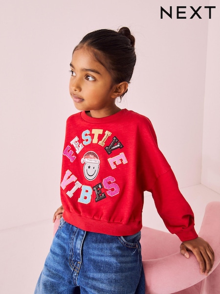 Red Sequin Christmas Long Sleeve 100% Cotton T-Shirt (3-16yrs) (N90169) | €7 - €10