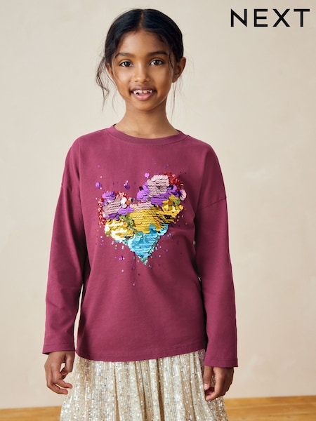 Plum Purple 100% Cotton Sequin Heart Long Sleeve T-Shirt (3-16yrs) (N90170) | AED39 - AED56