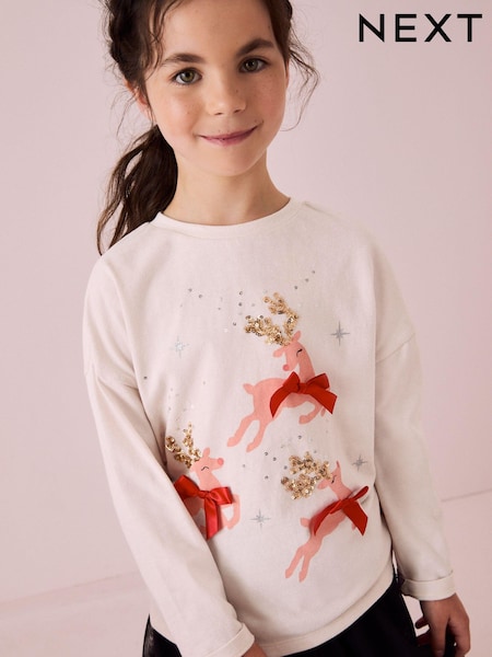 Ecru Sequin Christmas Long Sleeve 100% Cotton T-Shirt (3-16yrs) (N90173) | €11 - €16