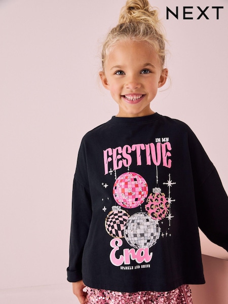 Black Sequin Christmas Long Sleeve 100% Cotton T-Shirt (3-16yrs) (N90182) | €6 - €9