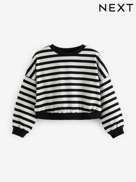 Black/White Stripe Print 100% Cotton Boxy Long Sleeve Sweatshirt (3-16yrs) (N90183) | AED25 - AED35