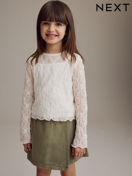 Cream 100% Cotton Lace Top with Vest (3-16yrs) (N90193) | AED56 - AED74