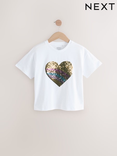 White Pastel Rainbow Sequin Heart Print T-Shirt (3-16yrs) (N90196) | 453 UAH - 659 UAH