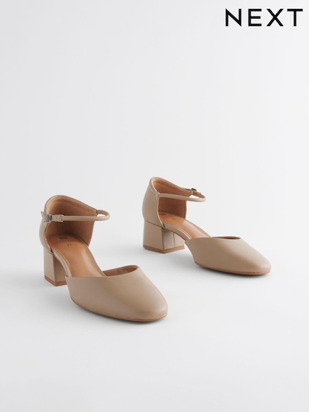 Taupe Brown Standard/Wide Fit Forever Comfort® Leather Round Toe Block Heels (N90201) | $65