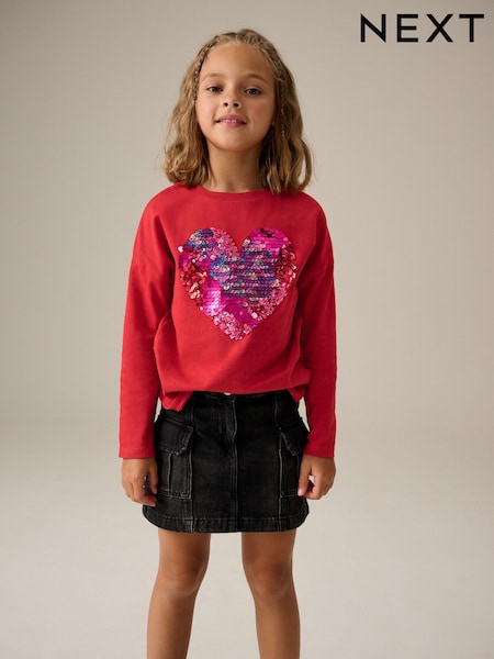 Red 100% Cotton Sequin Heart Long Sleeve T-Shirt (3-16yrs) (N90206) | 37 QAR - 55 QAR