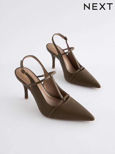 Khaki Green Forever Comfort® Leather T-Bar Point Toe Heels (N90207) | EGP2,940