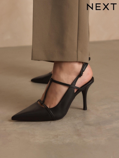Black Forever Comfort® Leather T-Bar Point Toe Heels (N90210) | AED144