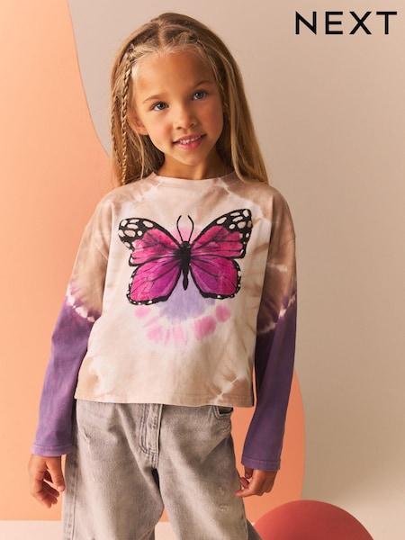 Brown/Purple - Tie Dye Butterfly Long Sleeve 100% Cotton Top (3-16yrs) (N90215) | ‏39 د.إ.‏ - ‏ 56‏ د.إ.