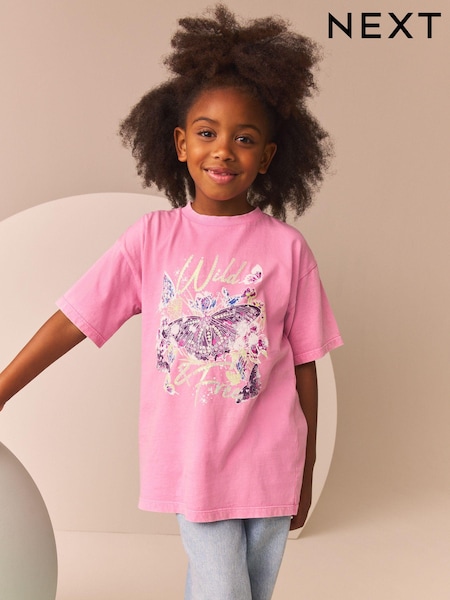 Pink/Green Oversized Embellished 100% Cotton Graphic T-Shirt (3-16yrs) (N90218) | 37 QAR - 55 QAR