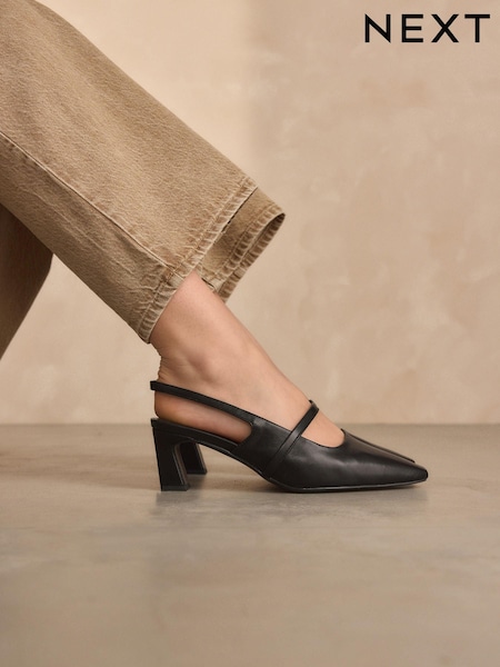 Black Forever Comfort® Square Toe Sling Back Heels (N90219) | $60