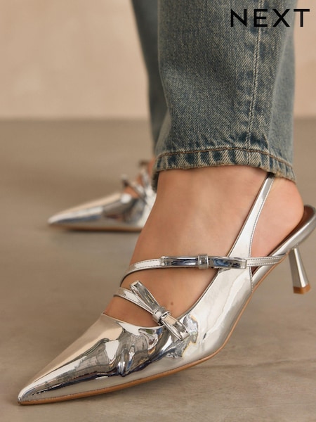 Silver Forever Comfort® Point Toe Bow Sling Back Heels (N90228) | AED79