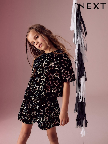 Black Velour Sequin Star Top and Shorts Set (3-16yrs) (N90230) | AED85 - AED106