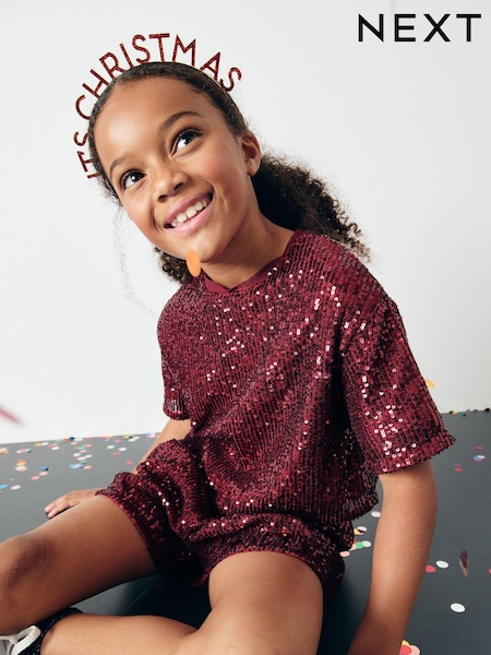 Red Print Sequin Top and Shorts Set (3-16yrs) (N90299) | AED85 - AED106