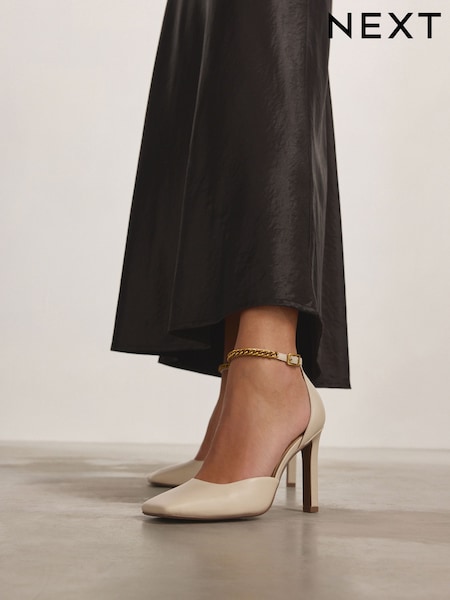 عاجي - Forever Comfort® Square Toe Chain Ankle Strap Heels (N90818) | ‏15 د.ك.‏