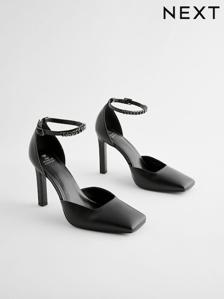 Black Forever Comfort® Square Toe Chain Ankle Strap Heels (N94099) | AED84