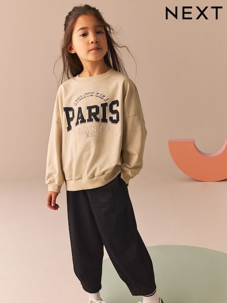 Ecru Oversized 100% Cotton Sweat and Check Barrel Leg Joggers Set (3-16yrs) (N94102) | AED85 - AED106