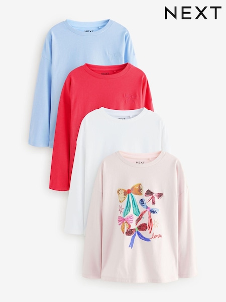 Pink/Blau - Sequin Bow Long Sleeve 100% Cotton T-Shirts 4 Pack (3-16yrs) (N94124) | 15 € - 20 €