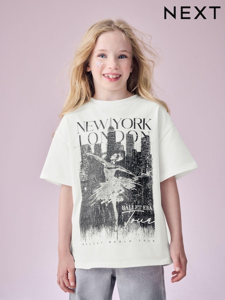 White Oversized Ballet Graphic 100% Cotton T-Shirt (3-16yrs) (N94127) | AED23 - AED35