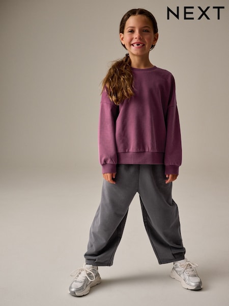 Purple Oversized 100% Cotton Sweat and Check Barrel Leg Joggers Set (3-16yrs) (N94708) | 69 QAR - 90 QAR
