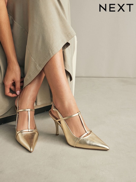 Gold Forever Comfort® Leather T-Bar Point Toe Heels (N94744) | 154 QAR