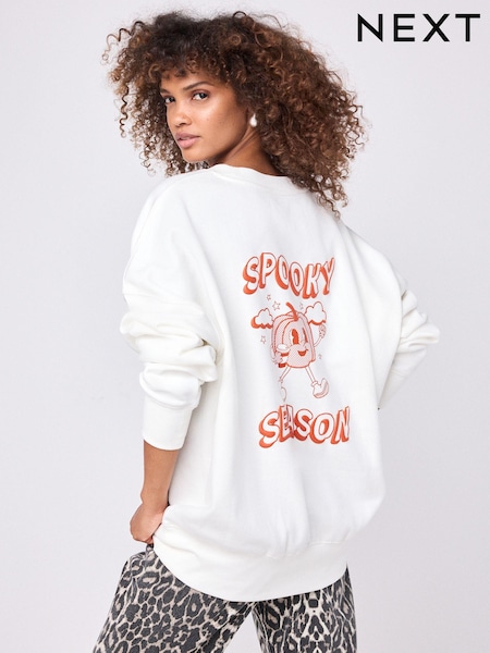 Ecru Orange Graphic Halloween Spooky Season Pumpkin Back Graphic Slogan Sweatshirt (N94882) | €19