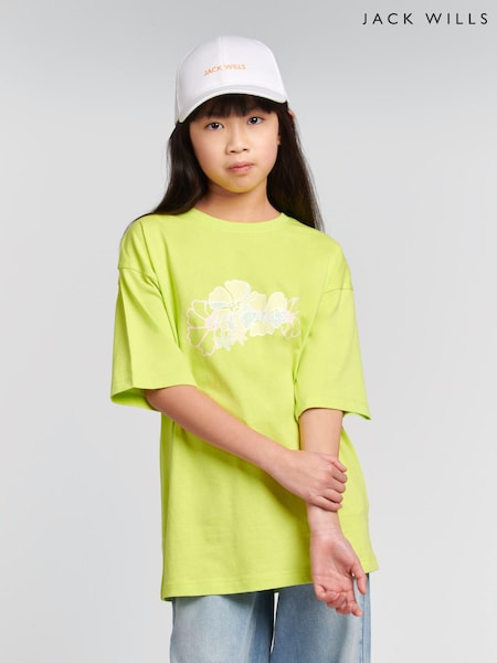 Jack Wills Green Oversized Fit Girls Floral Graphic 100% Cotton T-Shirt (N94952) | $34 - $41