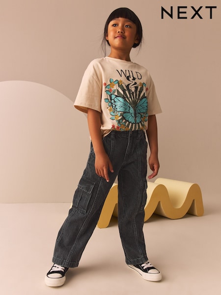 Charcoal Grey Wide Leg 100% Cotton Cargo Trousers (3-16yrs) (N94974) | AED56 - AED74