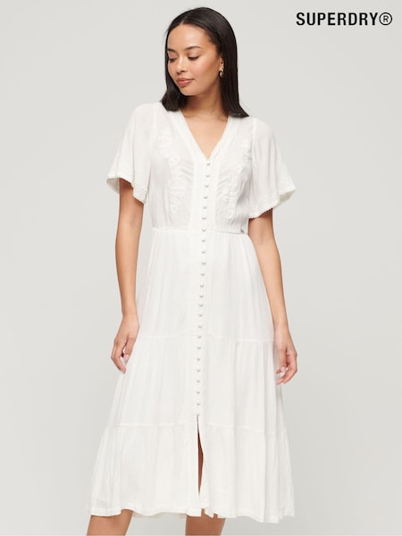 Superdry White Embroidered Tiered Midi Dress (N94979) | €42