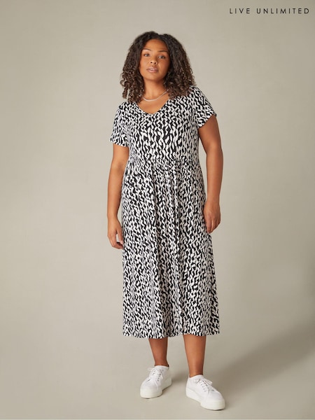 Live Unlimited Black Curve Curl Print Jersey Short Sleeve Midi Dress (N95061) | €37