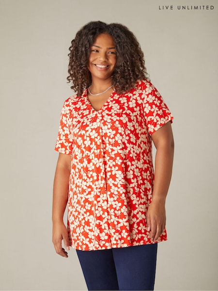 Live Unlimited Red Curve Ditsy Print Jersey Pleat Front Top (N95083) | €17