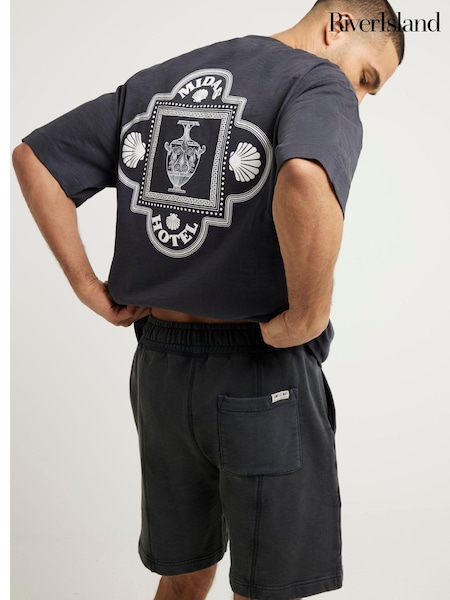 River Island Black Oversized Grand Hotel 100% Cotton T-Shirt (N95200) | €14
