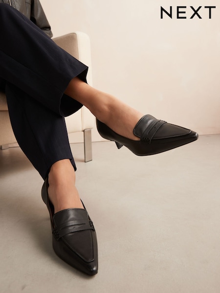 Black Forever Comfort® Leather Point Kitten Loafer Heels (N95240) | R$ 425