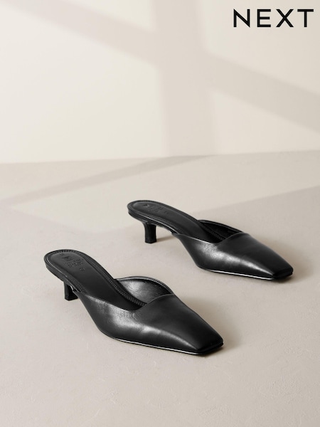 أسود - Premium Forever Comfort® Leather Square Toe Kitten Mules (N95241) | ‏126 د.إ.‏