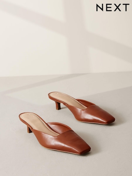 Brown Premium Forever Comfort® Leather Square Toe Kitten Mules (N95243) | 188 QAR