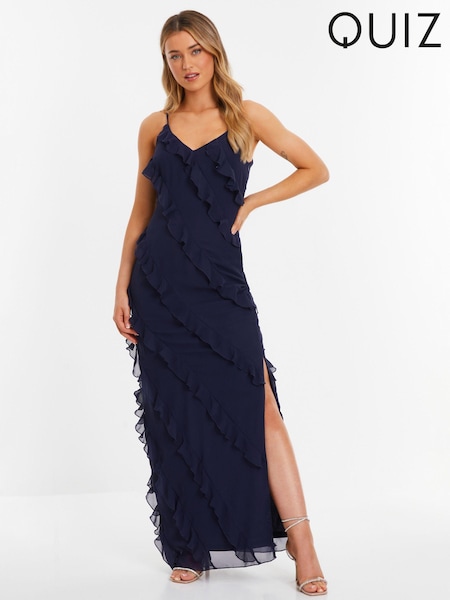Quiz Blue Navy Chiffon Ruffle Maxi Dress (N95362) | €30