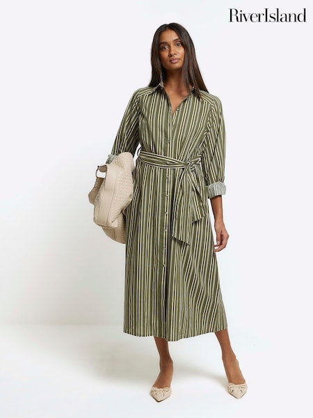 Kaki - River Island 100% Cotton Balloon Dungă Midi Rochie tip cămașă (N95451) | 178 LEI
