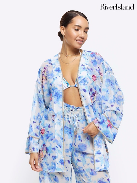 River Island Blue Embellished Tie Dye Kimono Cover-Up (N95492) | €27