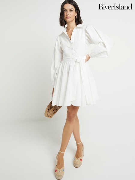 River Island White Poplin Batwing Mini Shirt Dress (N95505) | €30