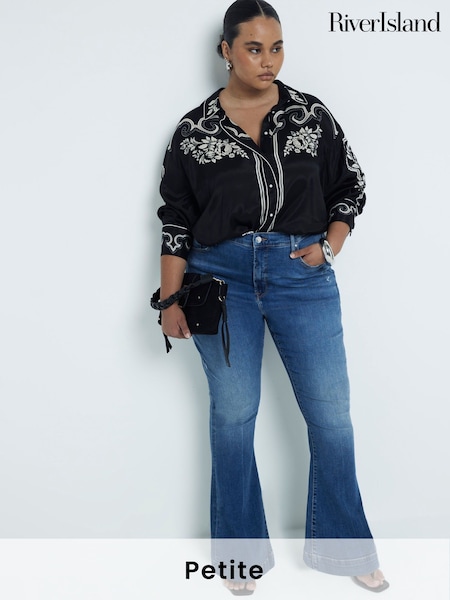 River Island Dark Blue Petite High Rise Tummy Hold Flare Jeans (N95551) | $93