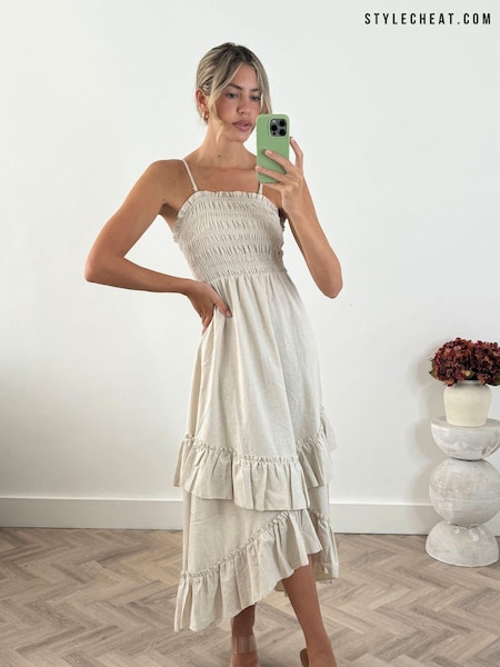 Style Cheat Cream 100% Cotton Ruffle Shirred Bandeau Midi Dress (N95566) | €37