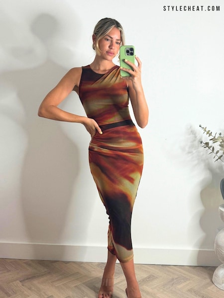 Style Cheat Orange Naya Sleeveless Ruched Mesh Maxi Dress (N95582) | €31