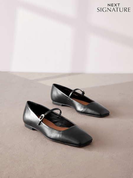 Black Signature Leather Square Toe Mary Jane Shoes (N95597) | AED92