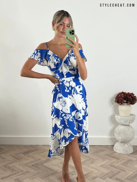 Style Cheat Blue Harri Cold Shoulder Wrap Midi Dress (N95604) | €39