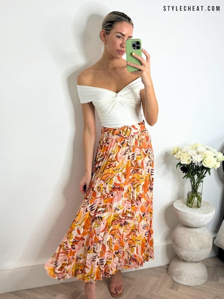 Style Cheat Orange Tropical Floral Demi Belted Pleated Midi Skirt (N95614) | €20
